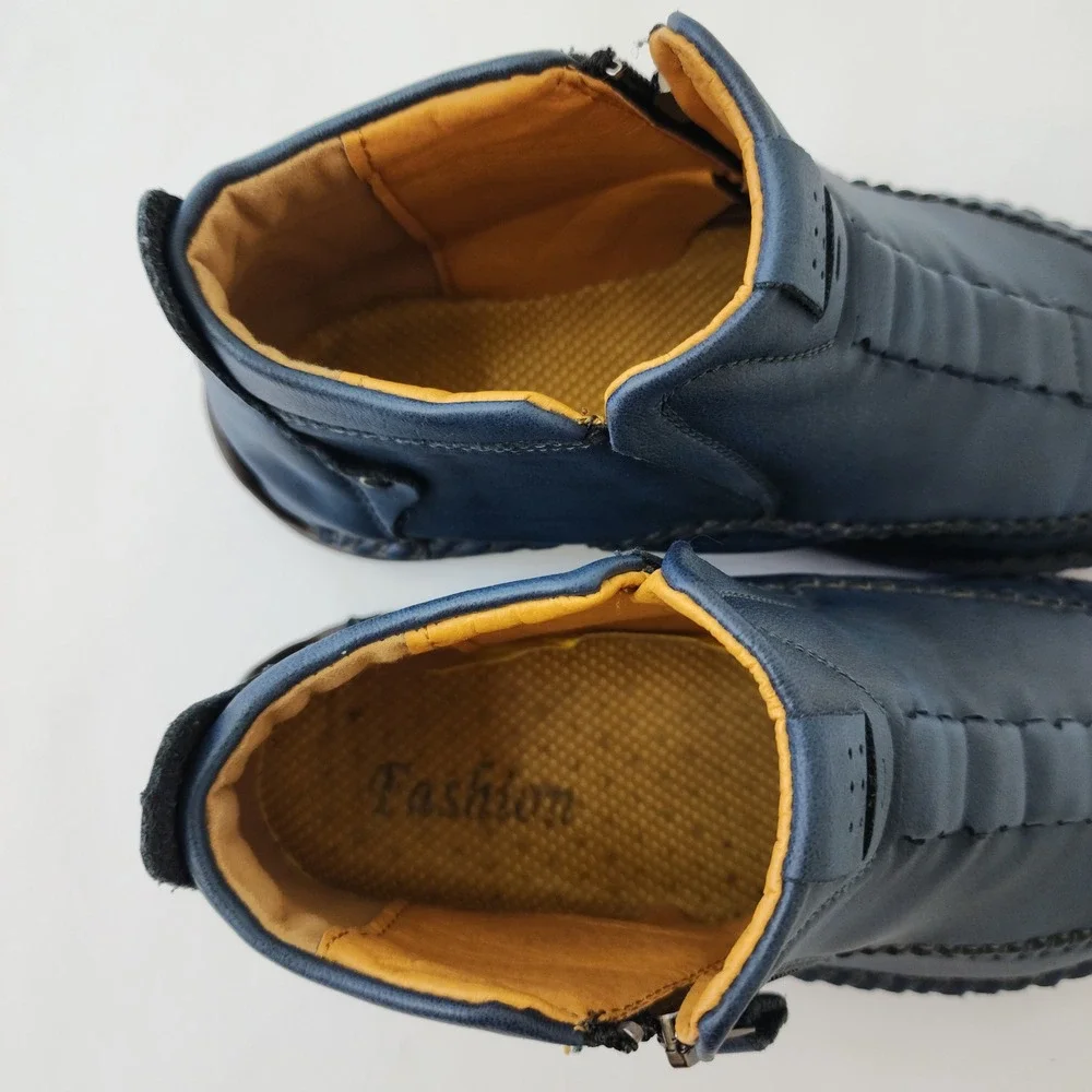 Fashion Sport Blue Leather Hand Stitched Ankle Boots Side Zip‎ Men's 7
